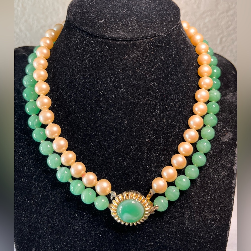 Vintage Faux Jade & Pearl Double Strand Necklace Set Matching Clip-On Earrings